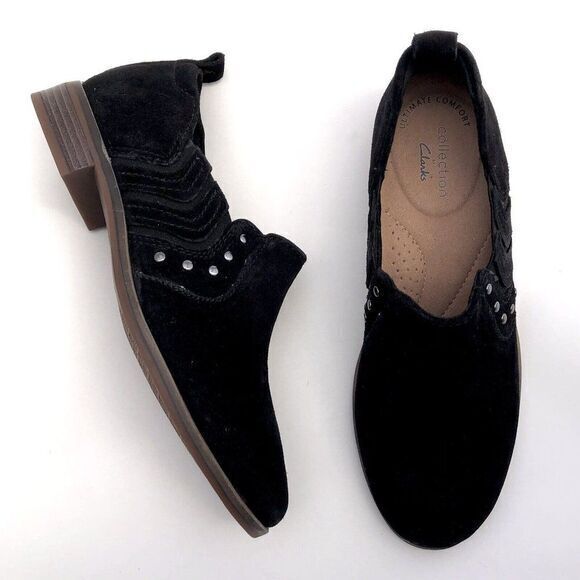 NEW Clarks Trish Bell Studded Leather‎ Flat Slip On Bootie Black Suede - Picture 2 of 6